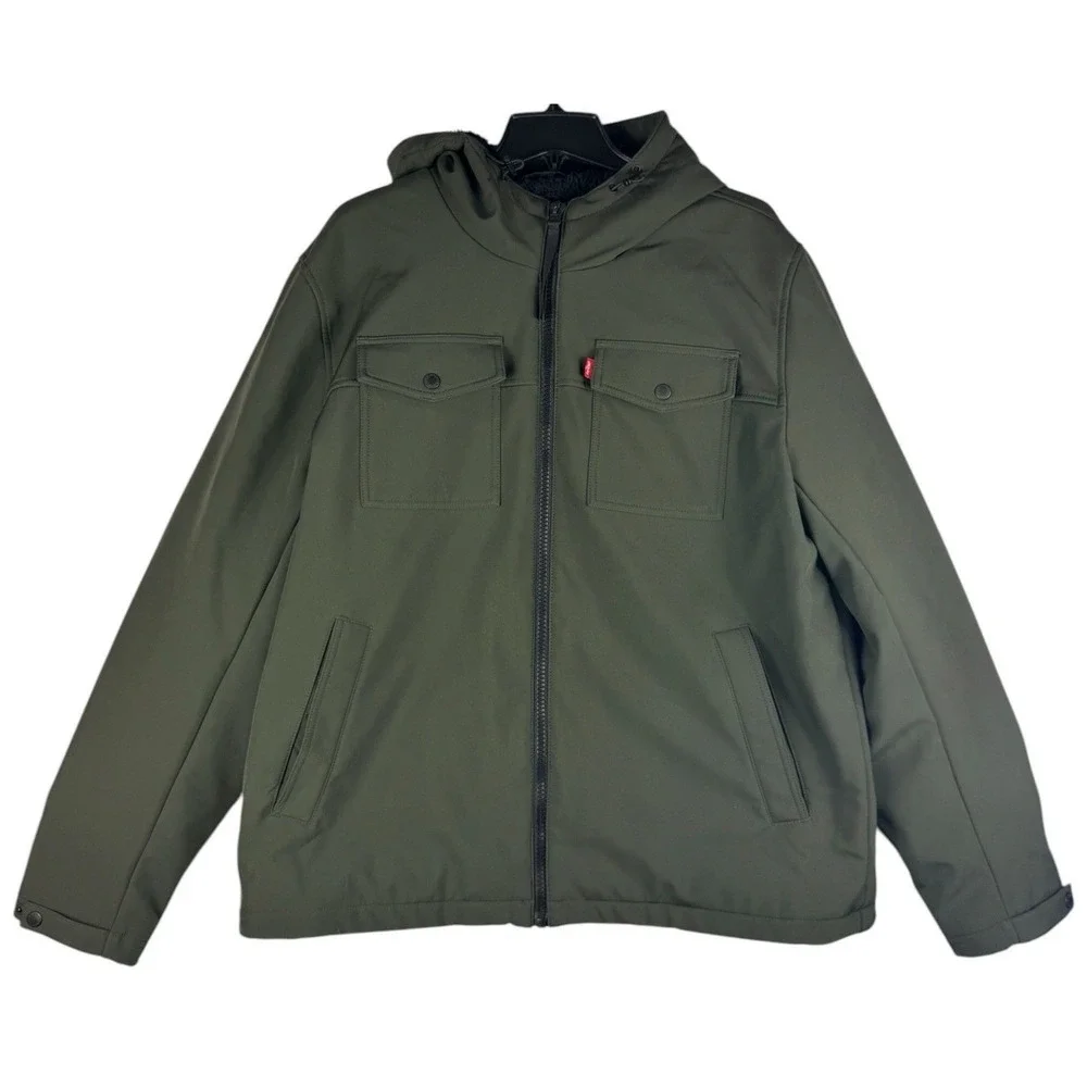Levis Mens XL Olive Green Softshell Faux Sherpa Lined Hooded Jacket NWT